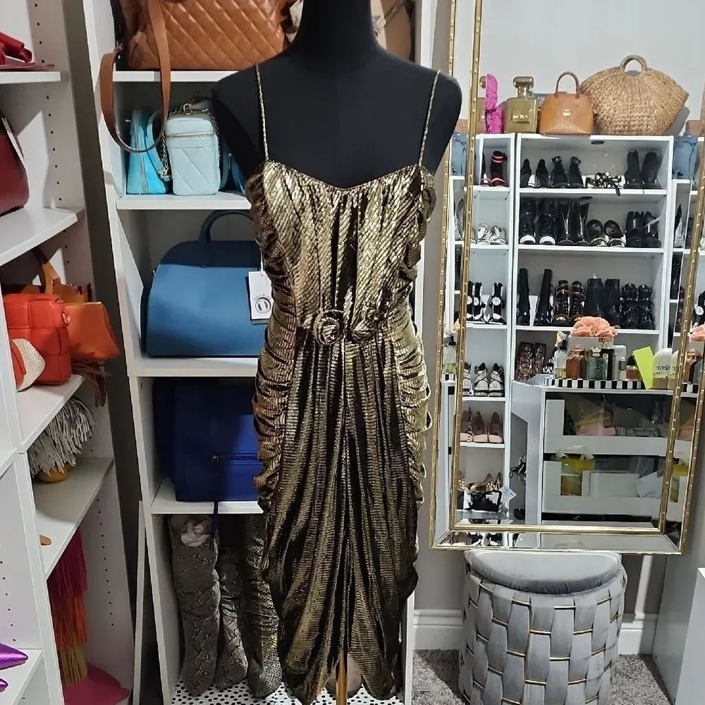 Vintage Metallic Midi Dress with Belt
